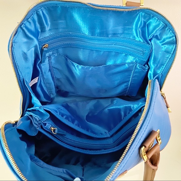 Joy Iman• large bright blue brown accent handle shoulder hand bag - Picture 3 of 8